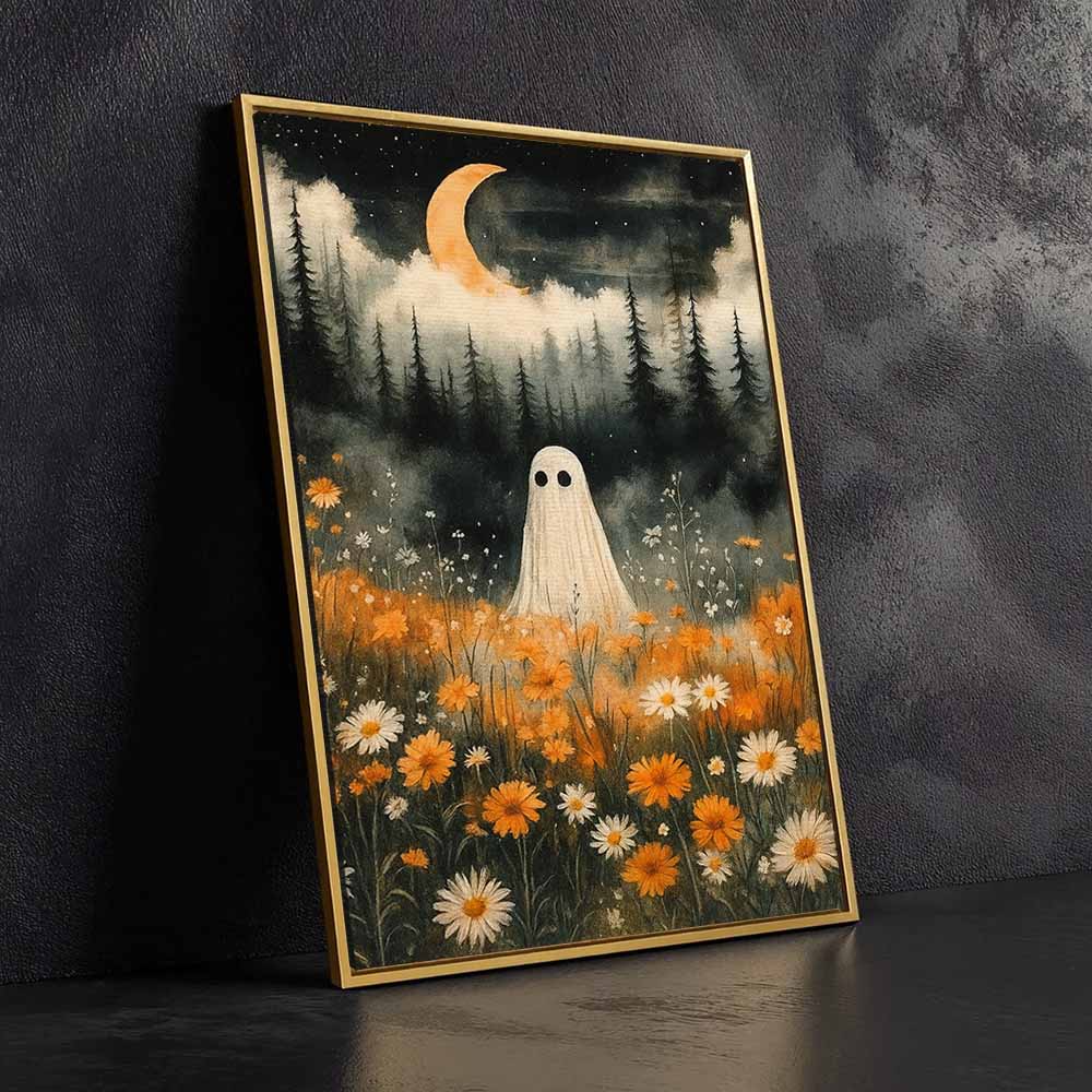 Vintage Ghost In The Forest Framed Canvas Wall Art, Wall Decor Halloween, Vintage Canvas