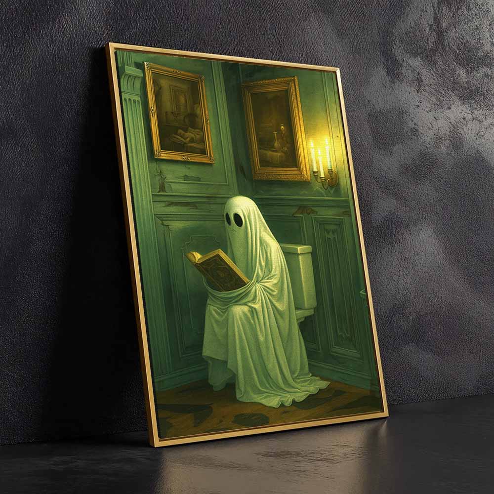 Vintage Ghost In The Toilet Framed Canvas Wall Art, Wall Decor Halloween, Vintage Canvas