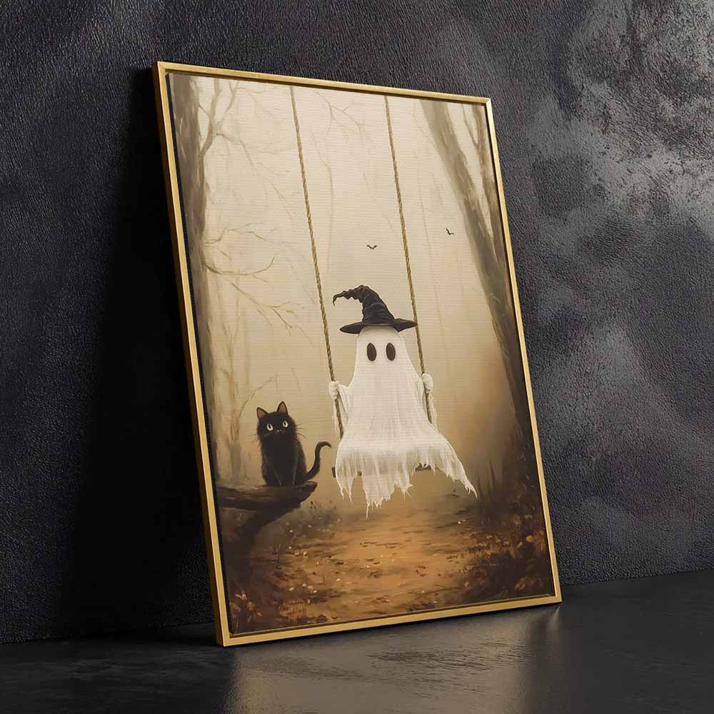 Vintage Spooky Forest Halloween Framed Canvas Wall Art, Wall Decor Halloween, Vintage Canvas