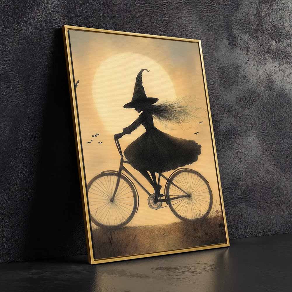 Witch On Bicycle Framed Canvas Wall Art, Wall Decor Halloween, Vintage Canvas