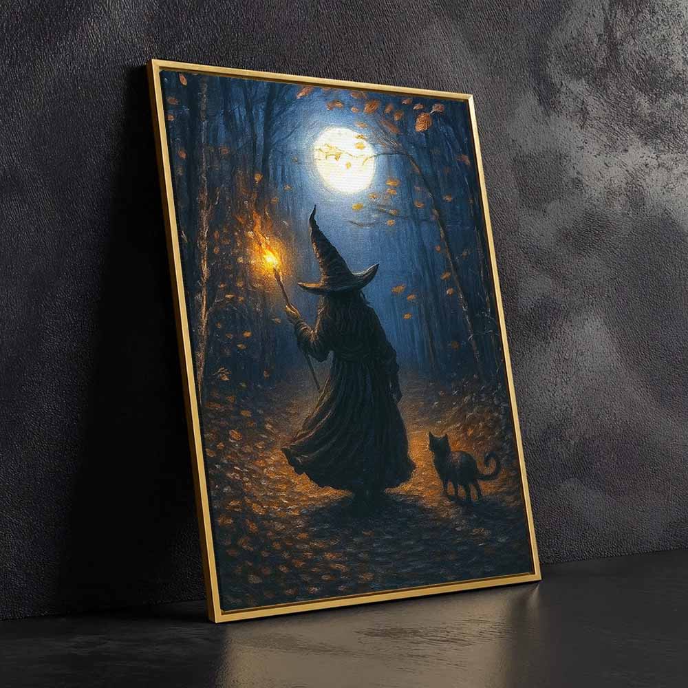 Witch Walking In Forest Framed Canvas Wall Art, Wall Decor Halloween, Vintage Canvas