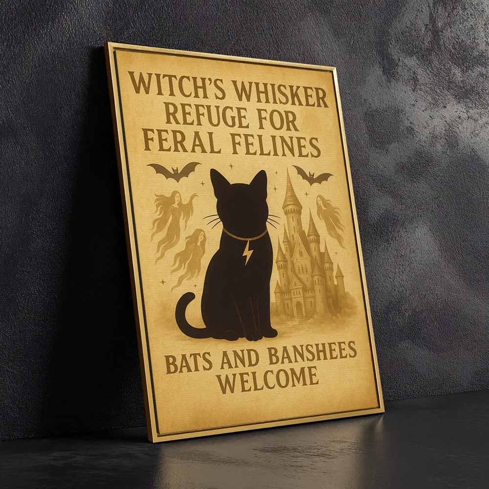 Witch's Whisker Refuge For Feral Felines Framed Canvas Wall Art, Wall Decor Halloween, Vintage Canvas