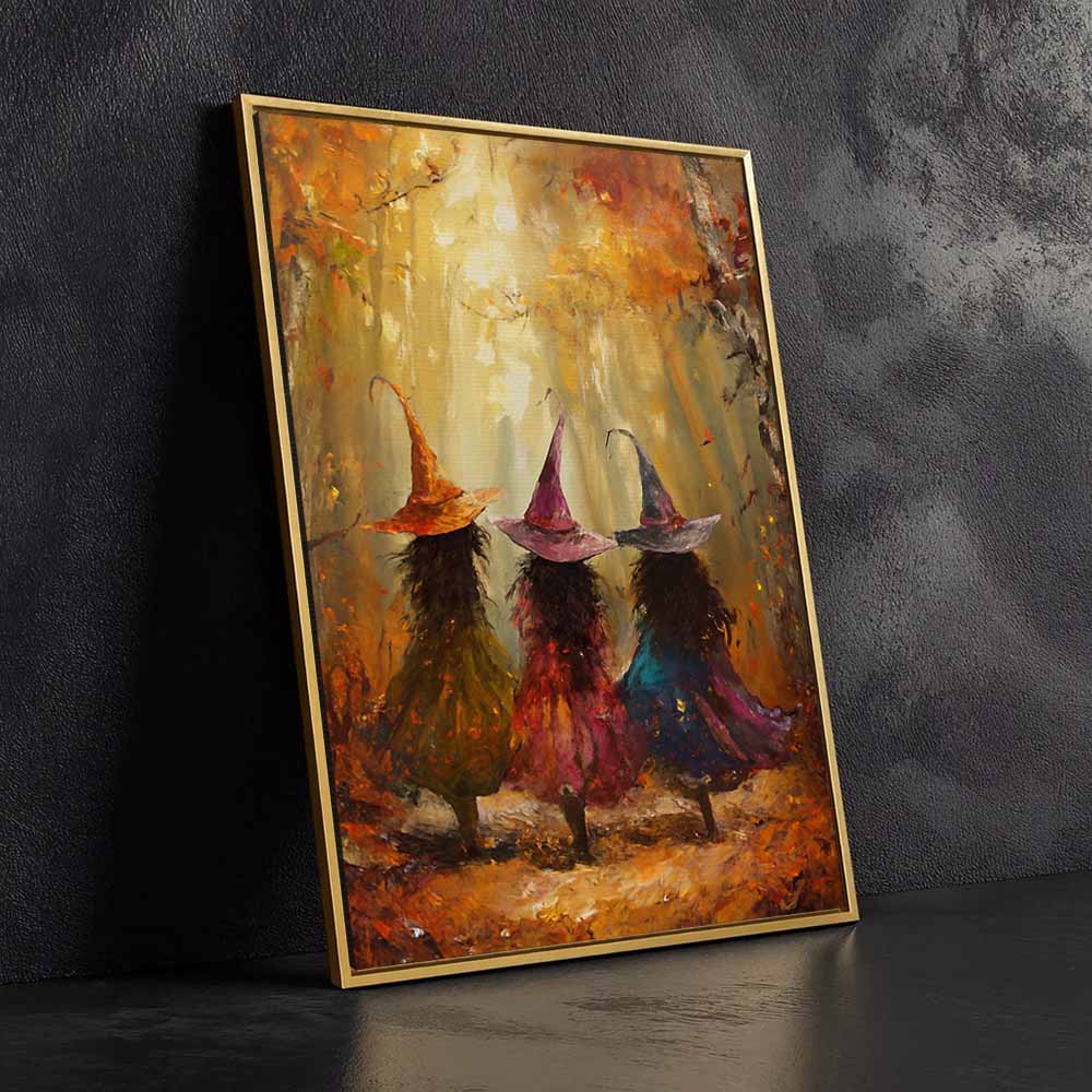 Young Witches In Forest Framed Canvas Wall Art, Wall Decor Halloween, Vintage Canvas