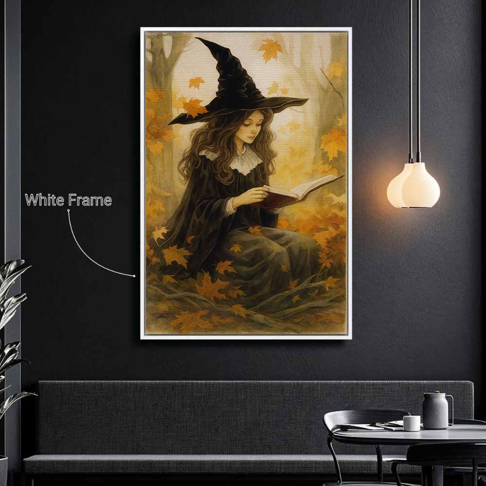 Autumn Witch Framed Canvas Wall Art, Wall Decor Halloween, Vintage Canvas