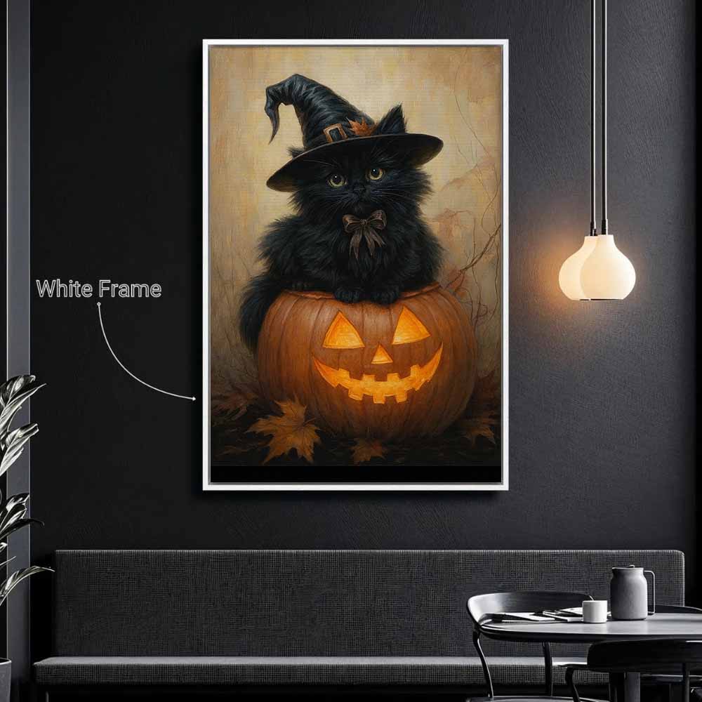 Black Cat Halloween Framed Canvas Wall Art, Wall Decor Halloween, Vintage Canvas