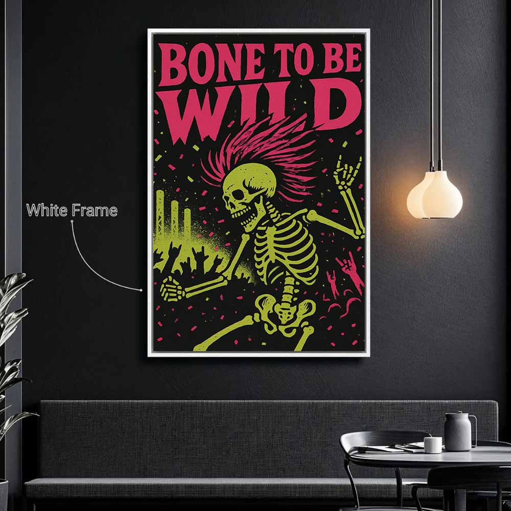 Bone To Be Wild Skeleton Framed Canvas Wall Art, Wall Decor Halloween, Vintage Canvas