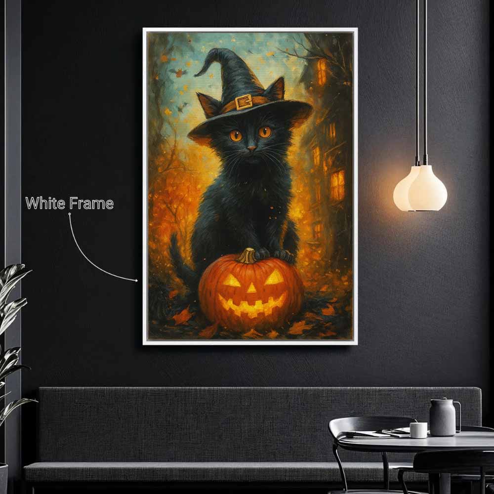 Cat On Pumpkin Framed Canvas Wall Art, Wall Decor Halloween, Vintage Canvas