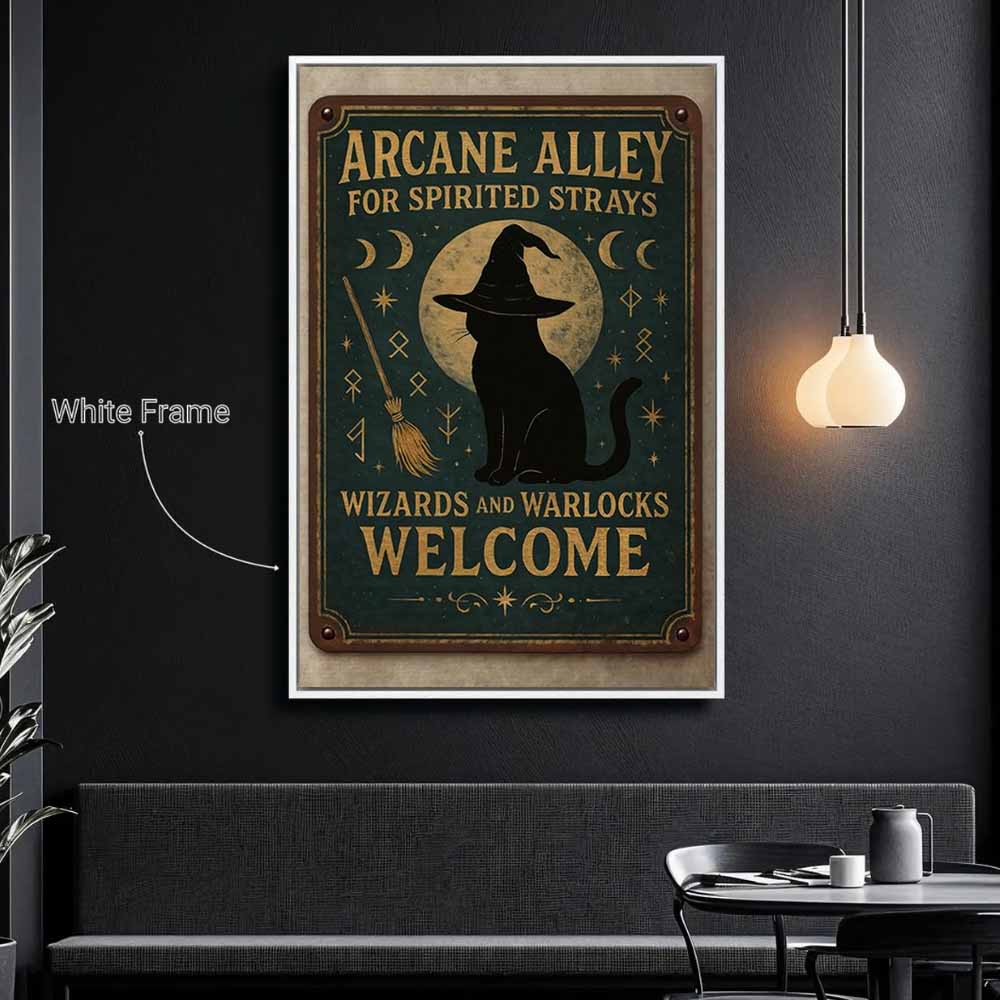 Cat Witch Welcome Framed Canvas Wall Art, Wall Decor Halloween, Vintage Canvas