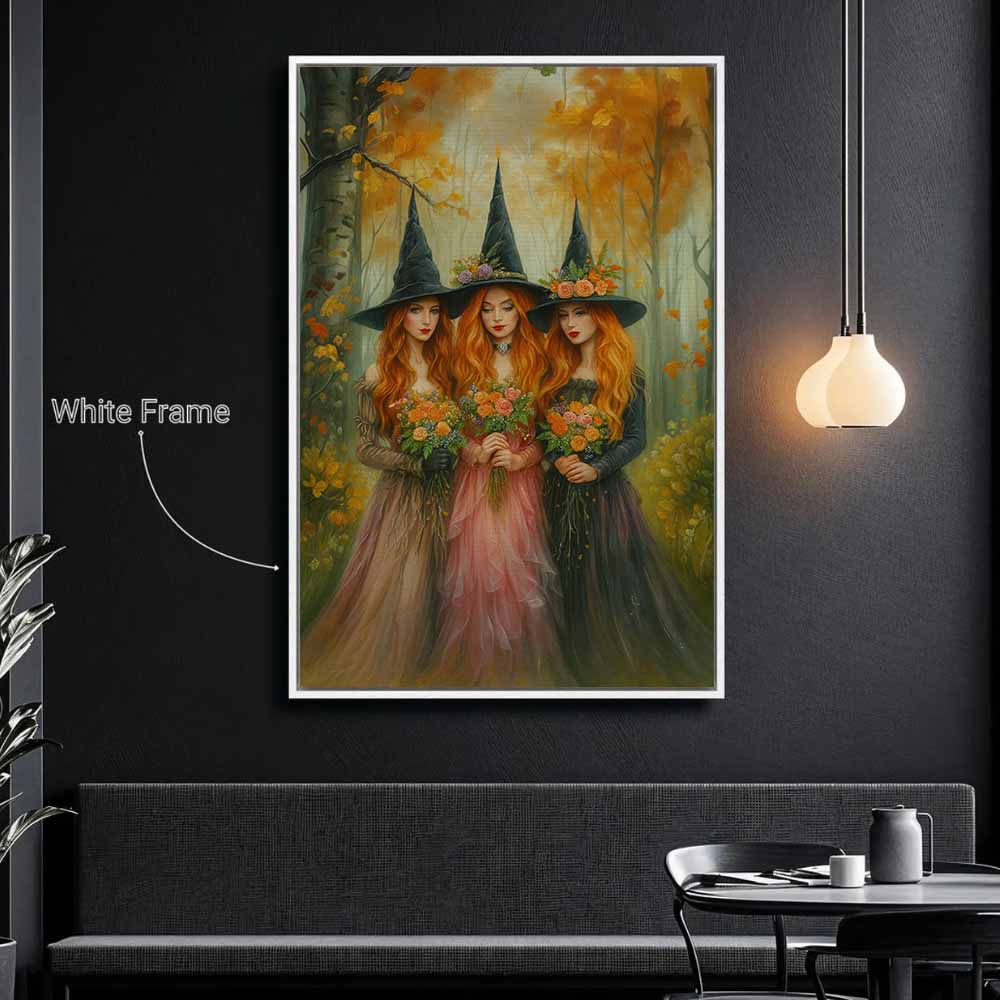 Cottage Three Young Witches In Forest Framed Canvas Wall Art, Wall Decor Halloween, Vintage Canvas