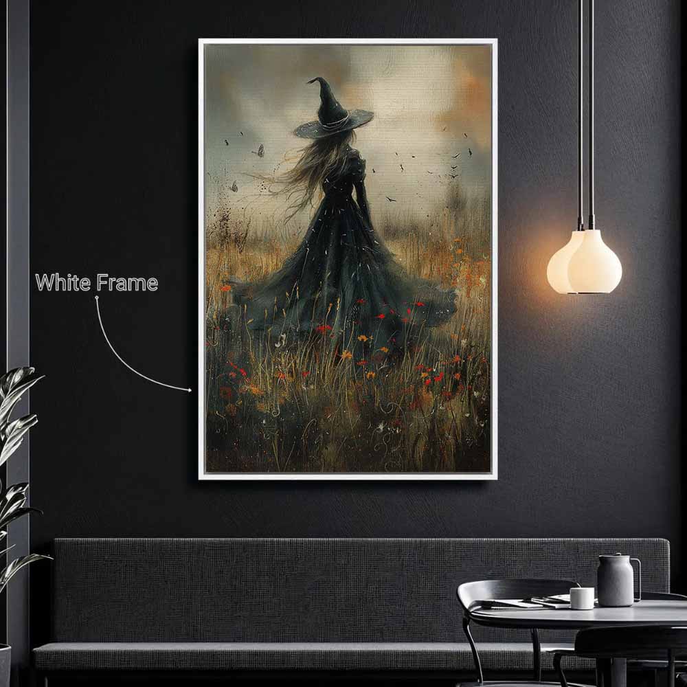 Cottage Witch In Flower Field Framed Canvas Wall Art, Wall Decor Halloween, Vintage Canvas