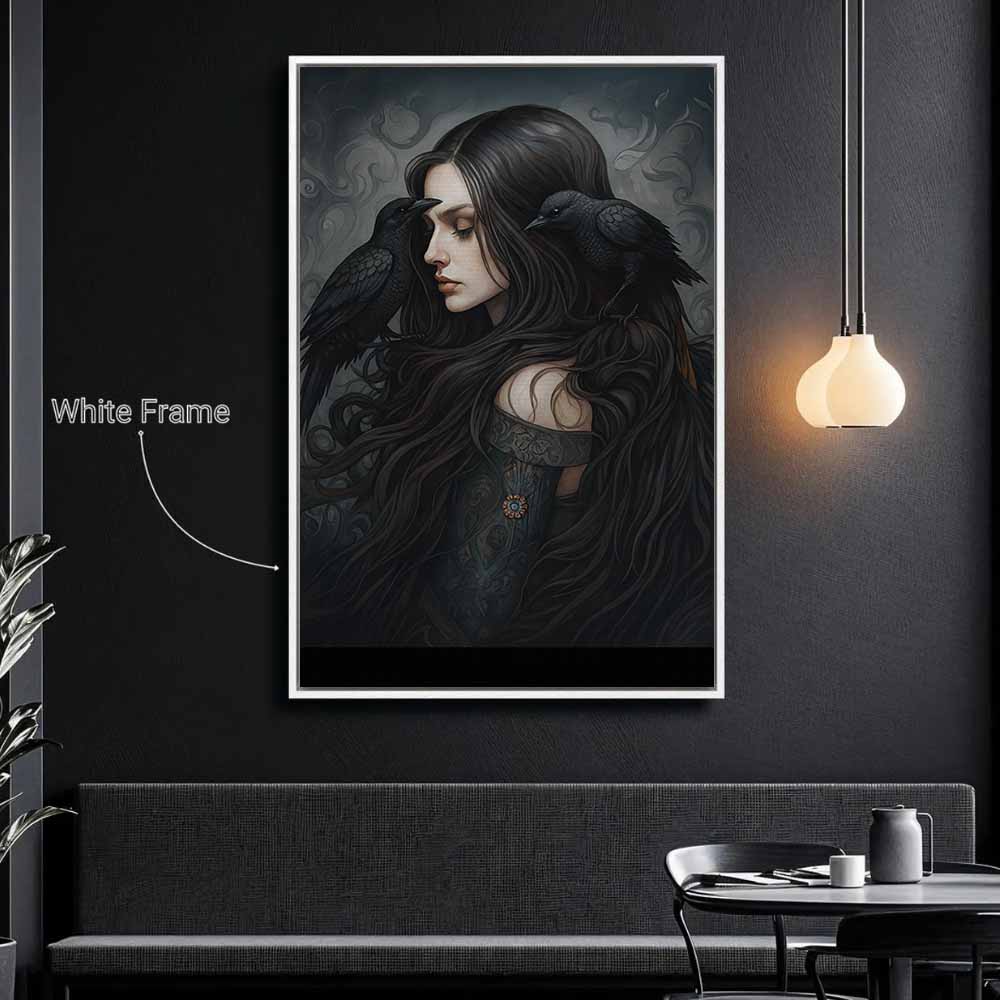 Crow Witch - Gothic Art Framed Canvas Wall Art, Wall Decor Halloween, Vintage Canvas