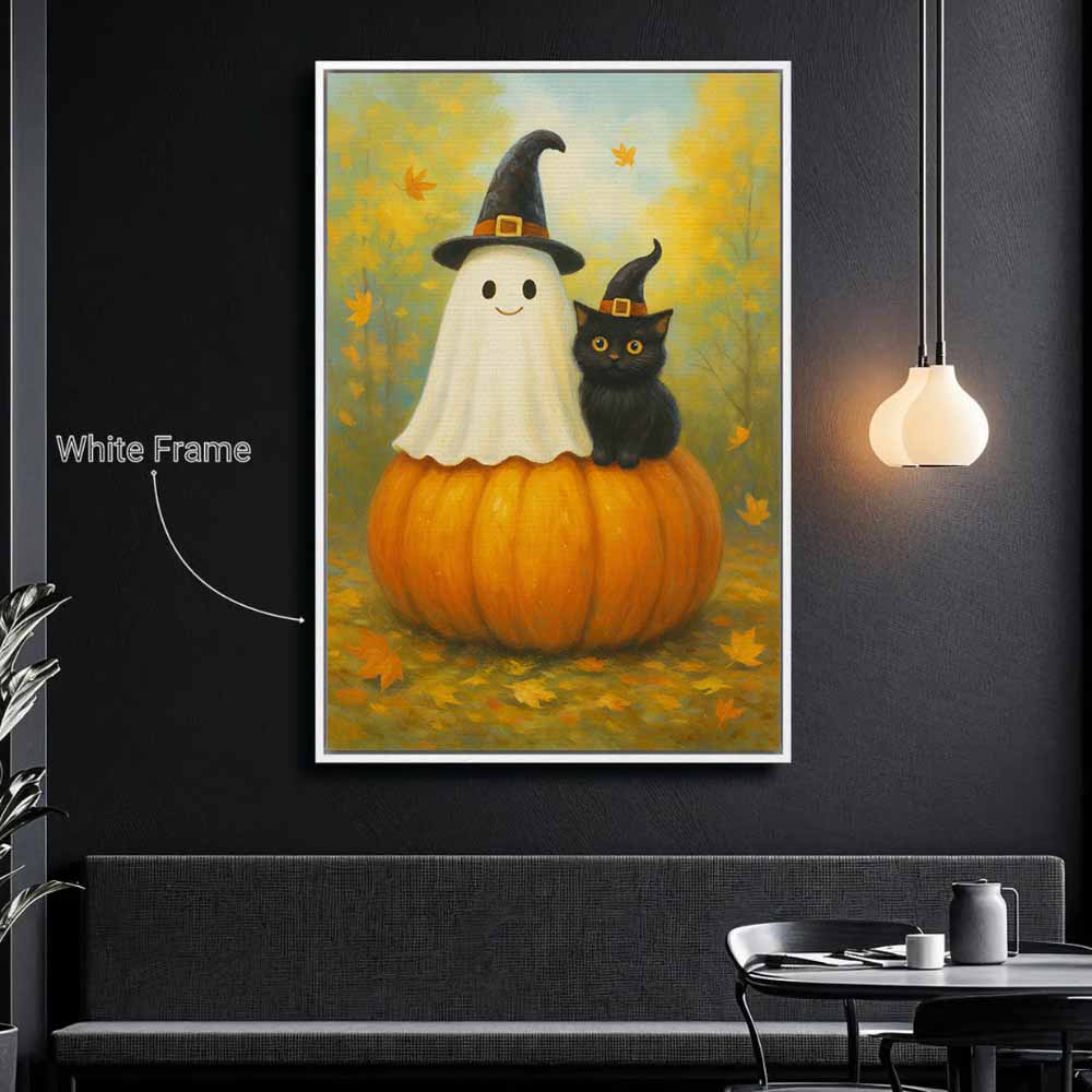 Cute Ghost And Black Cat In Dark Forest Framed Canvas Wall Art, Wall Decor Halloween, Vintage Canvas