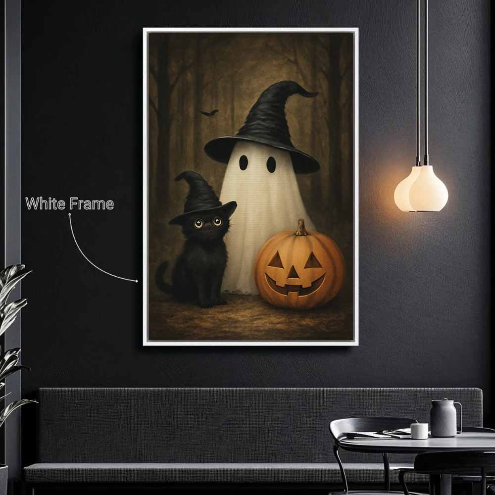 Cute Ghost And Black Cat Framed Canvas Wall Art, Wall Decor Halloween, Vintage Canvas