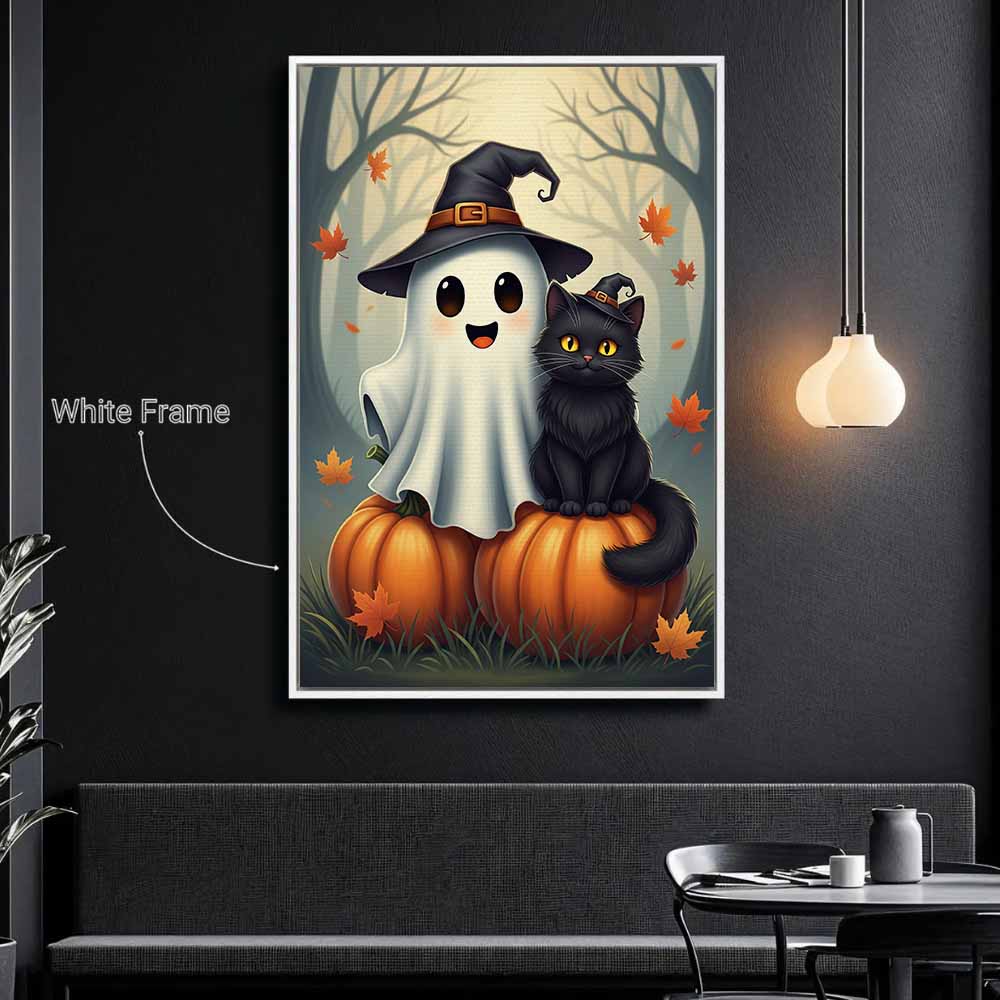 Cute Ghost And Cat Halloween Framed Canvas Wall Art, Wall Decor Halloween, Vintage Canvas