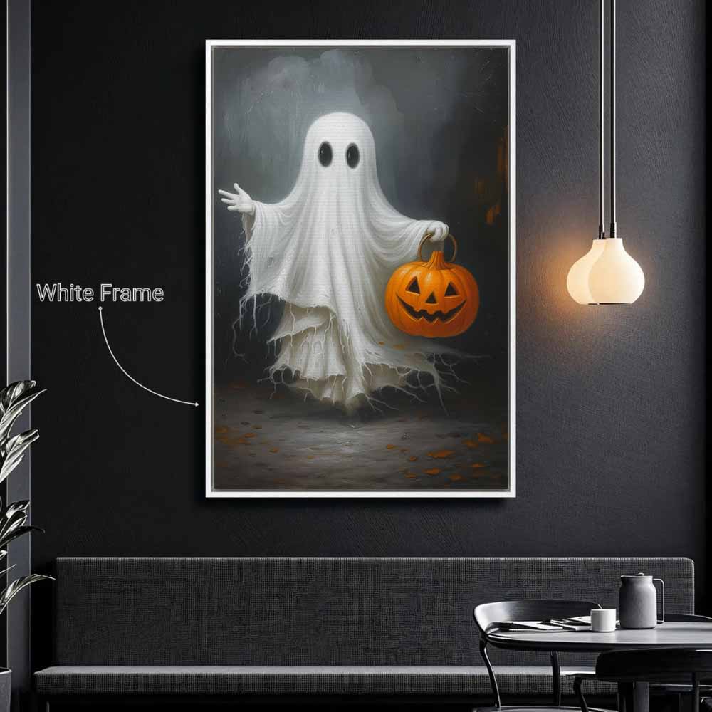 Cute Ghost Hold A Pumpkin Framed Canvas Wall Art, Wall Decor Halloween, Vintage Canvas