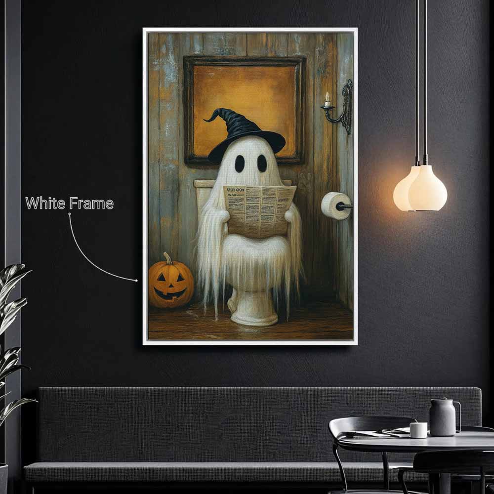 Cute Ghost On The Toilet 2 Framed Canvas Wall Art, Wall Decor Halloween, Vintage Canvas
