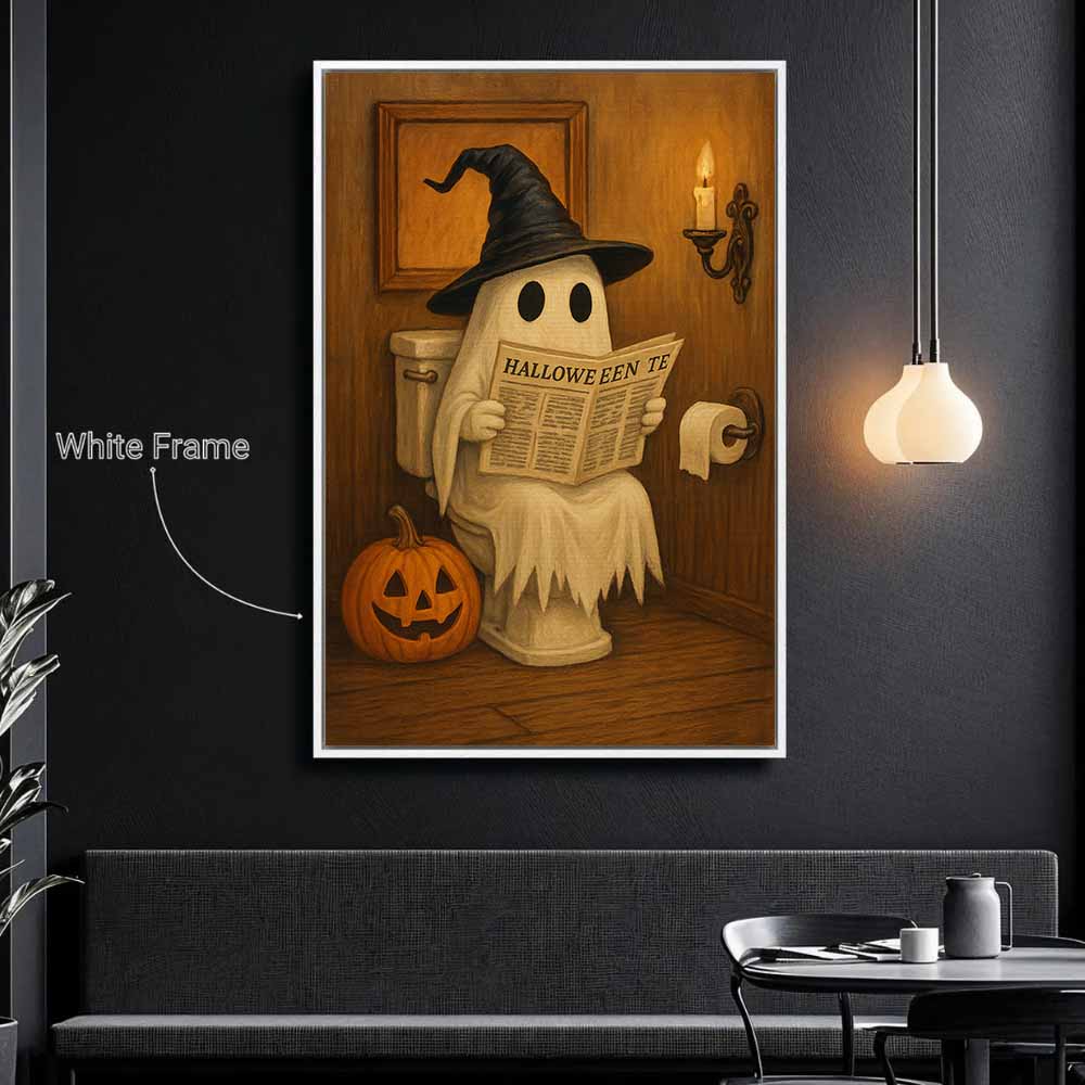 Cute Ghost On The Toilet Framed Canvas Wall Art, Wall Decor Halloween, Vintage Canvas