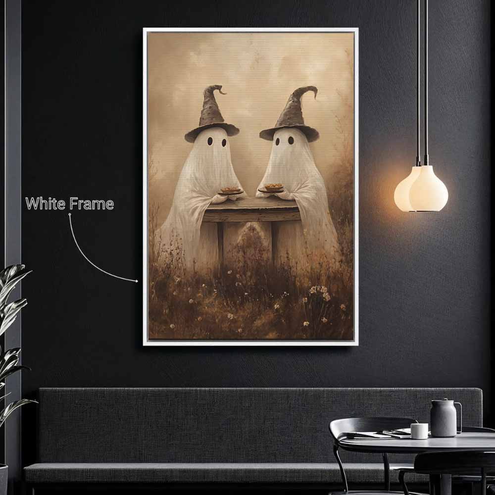 Cute Ghosts Picnic In Wildflower Field Framed Canvas Wall Art, Wall Decor Halloween, Vintage Canvas
