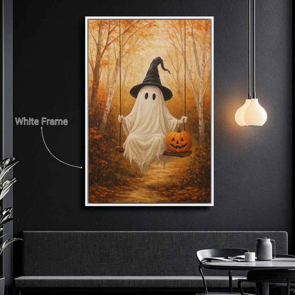 Cute Halloween Ghost On The Swing Framed Canvas Wall Art, Wall Decor Halloween, Vintage Canvas