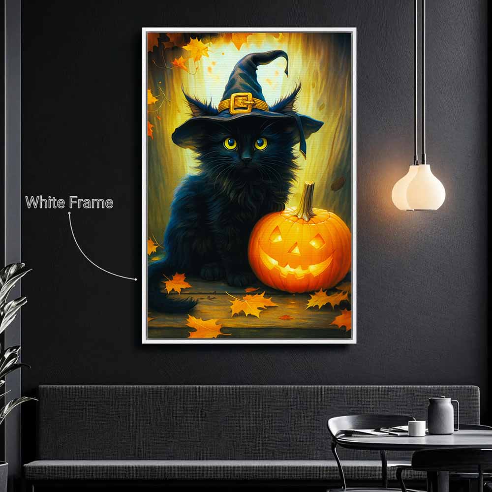 Dark Black Cat Witch Framed Canvas Wall Art, Wall Decor Halloween, Vintage Canvas