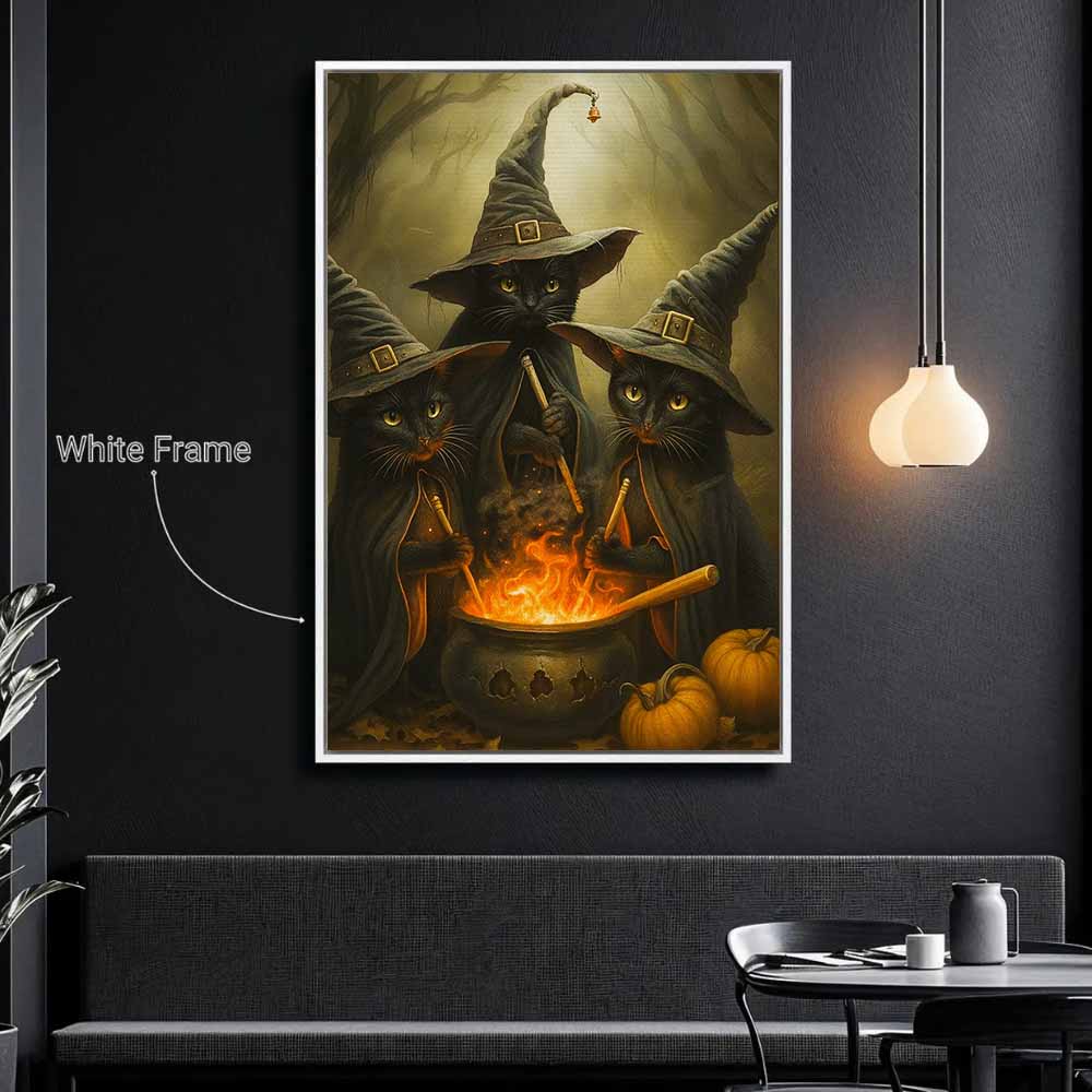 Dark Three Black Cats Witch Hocus Pocus Framed Canvas Wall Art, Wall Decor Halloween, Vintage Canvas