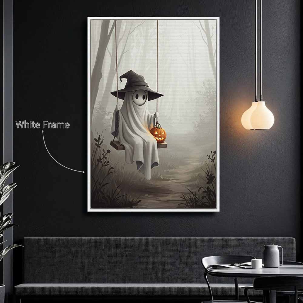 Ghost On Swing With Pumpkin Framed Canvas Wall Art, Wall Decor Halloween, Vintage Canvas