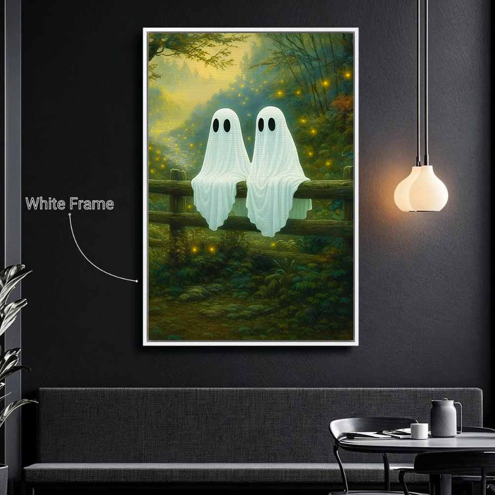 Ghost Watching Fireflies At Night Framed Canvas Wall Art, Wall Decor Halloween, Vintage Canvas