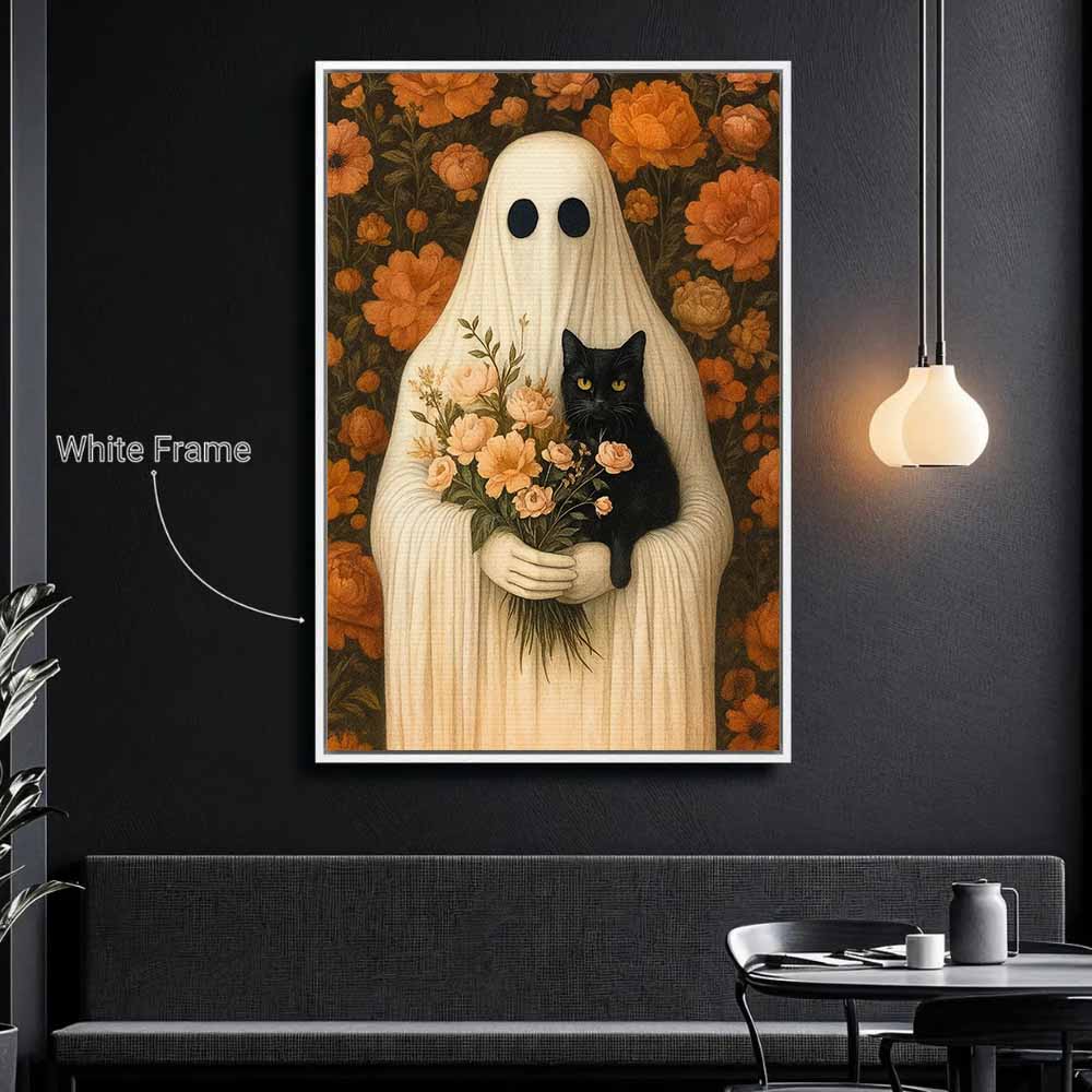 Ghost With Cat Framed Canvas Wall Art, Wall Decor Halloween, Vintage Canvas