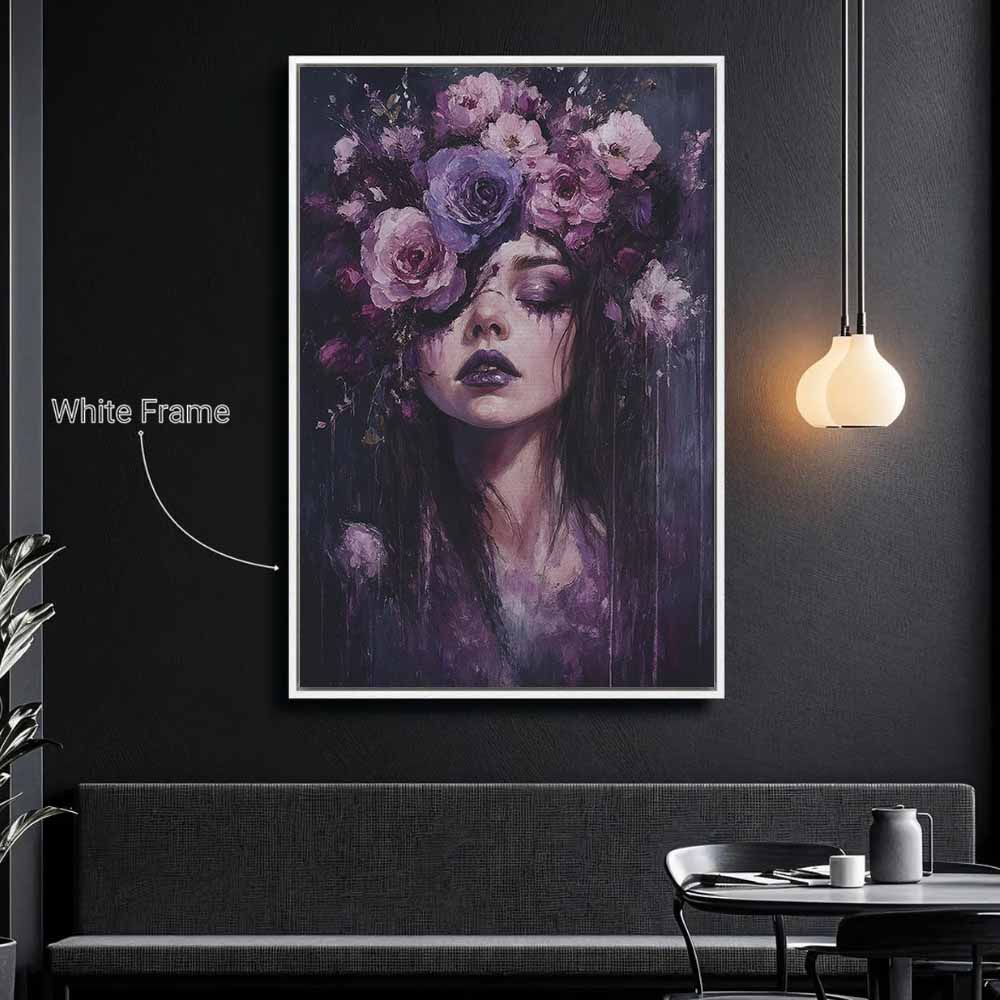 Girl With Purple Flowers Framed Canvas Wall Art, Wall Decor Halloween, Vintage Canvas
