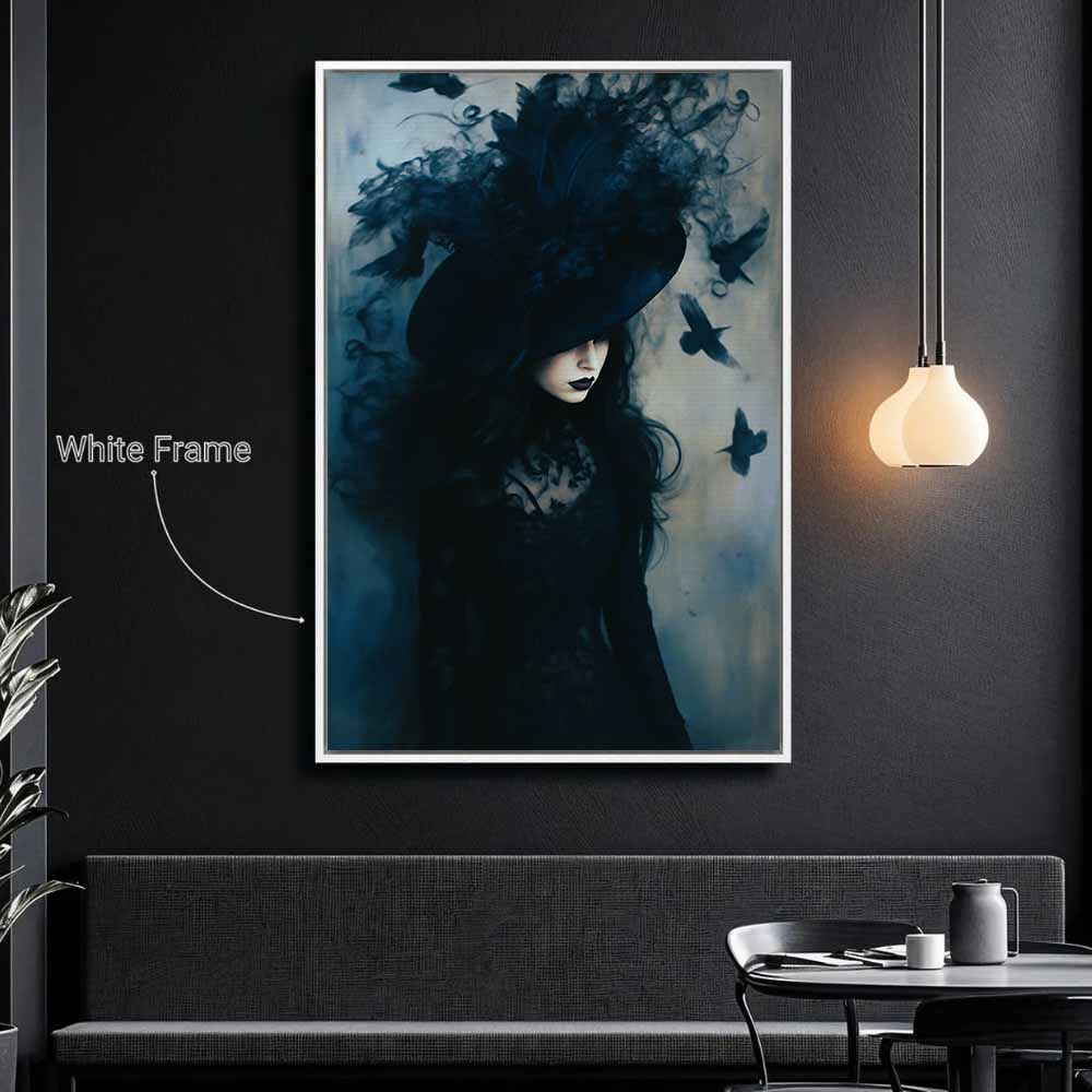 Gothic Witch And Raven Framed Canvas Wall Art, Wall Decor Halloween, Vintage Canvas