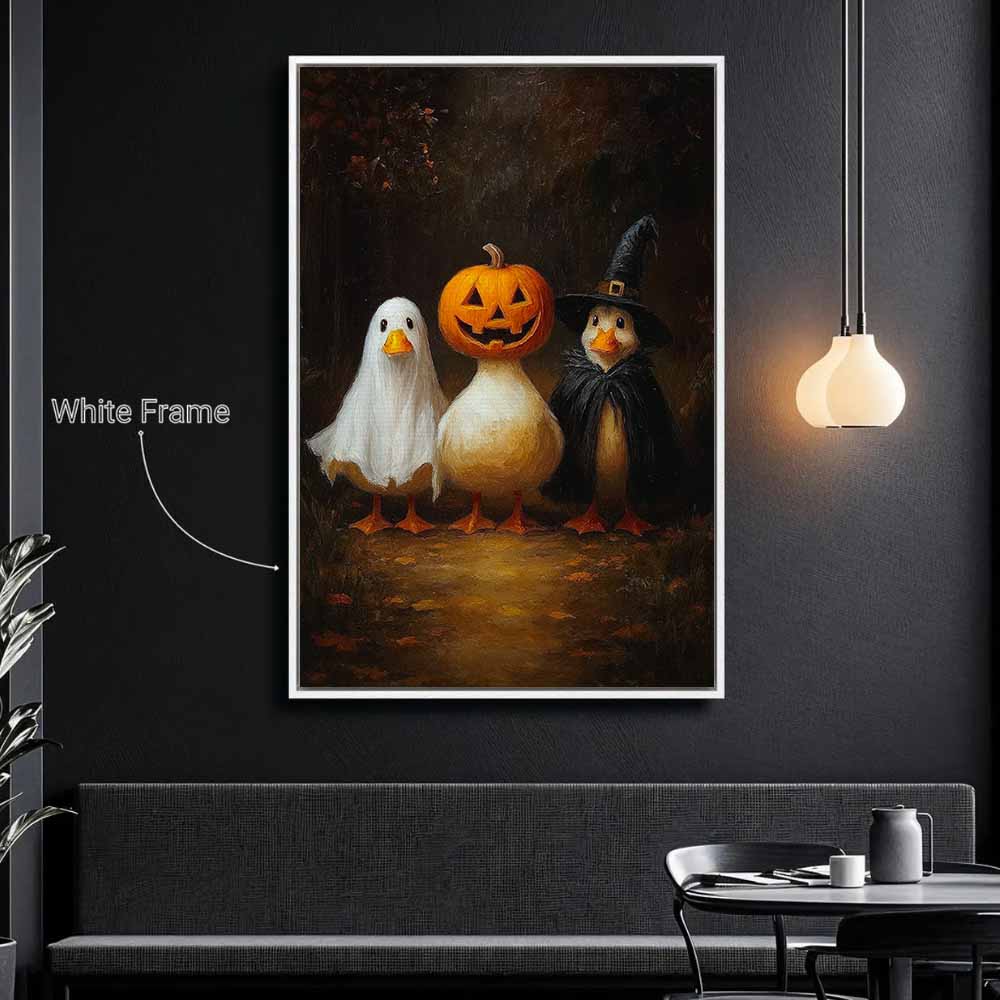 Halloween Ducks In Costumes Framed Canvas Wall Art, Wall Decor Halloween, Vintage Canvas