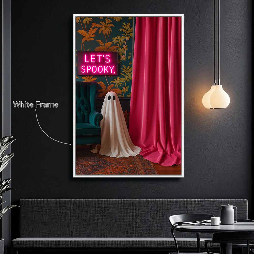 Let's Spooky Ghost Framed Canvas Wall Art, Wall Decor Halloween, Vintage Canvas