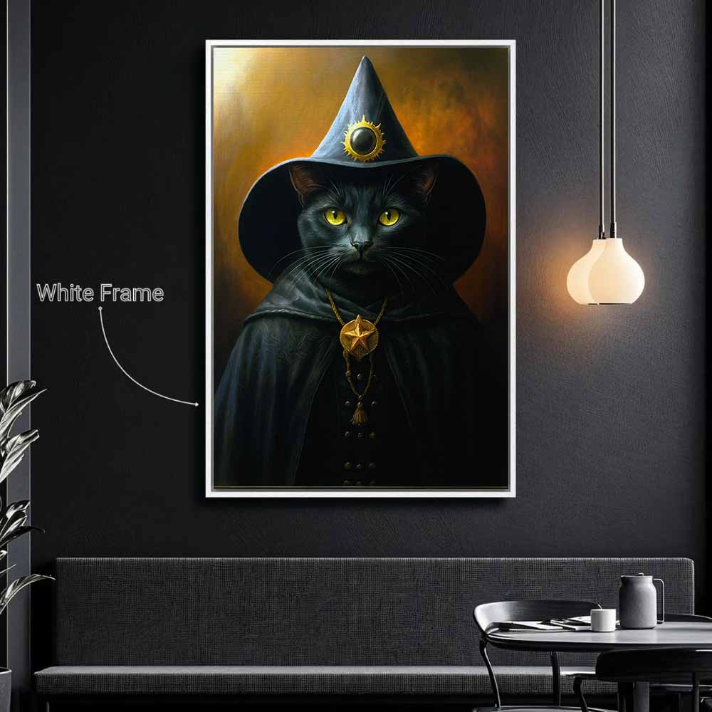 Magic Cat Witch Framed Canvas Wall Art, Wall Decor Halloween, Vintage Canvas