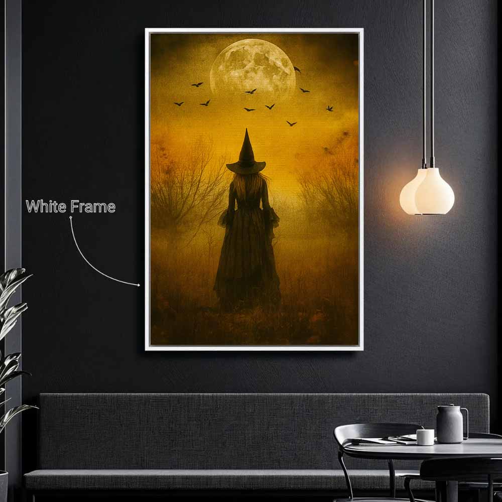 Moon Witch Framed Canvas Wall Art, Wall Decor Halloween, Vintage Canvas