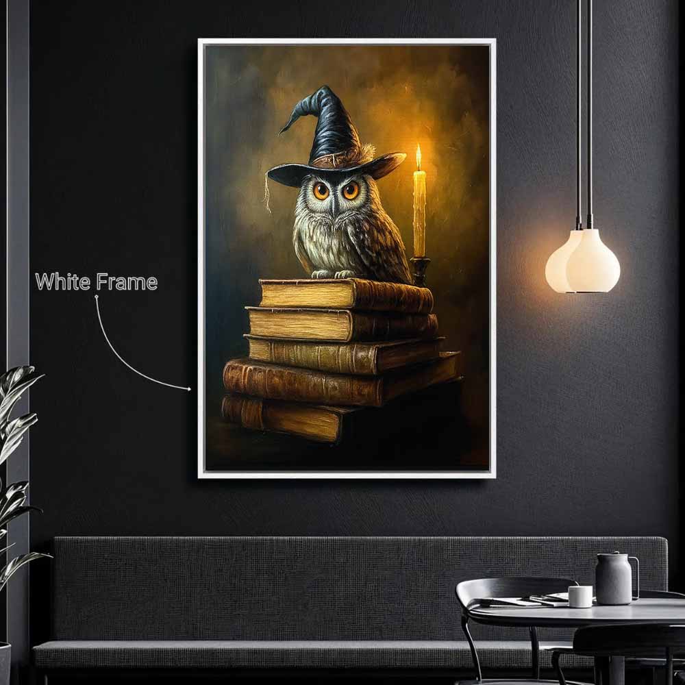 Owl And Books Framed Canvas Wall Art, Wall Decor Halloween, Vintage Canvas