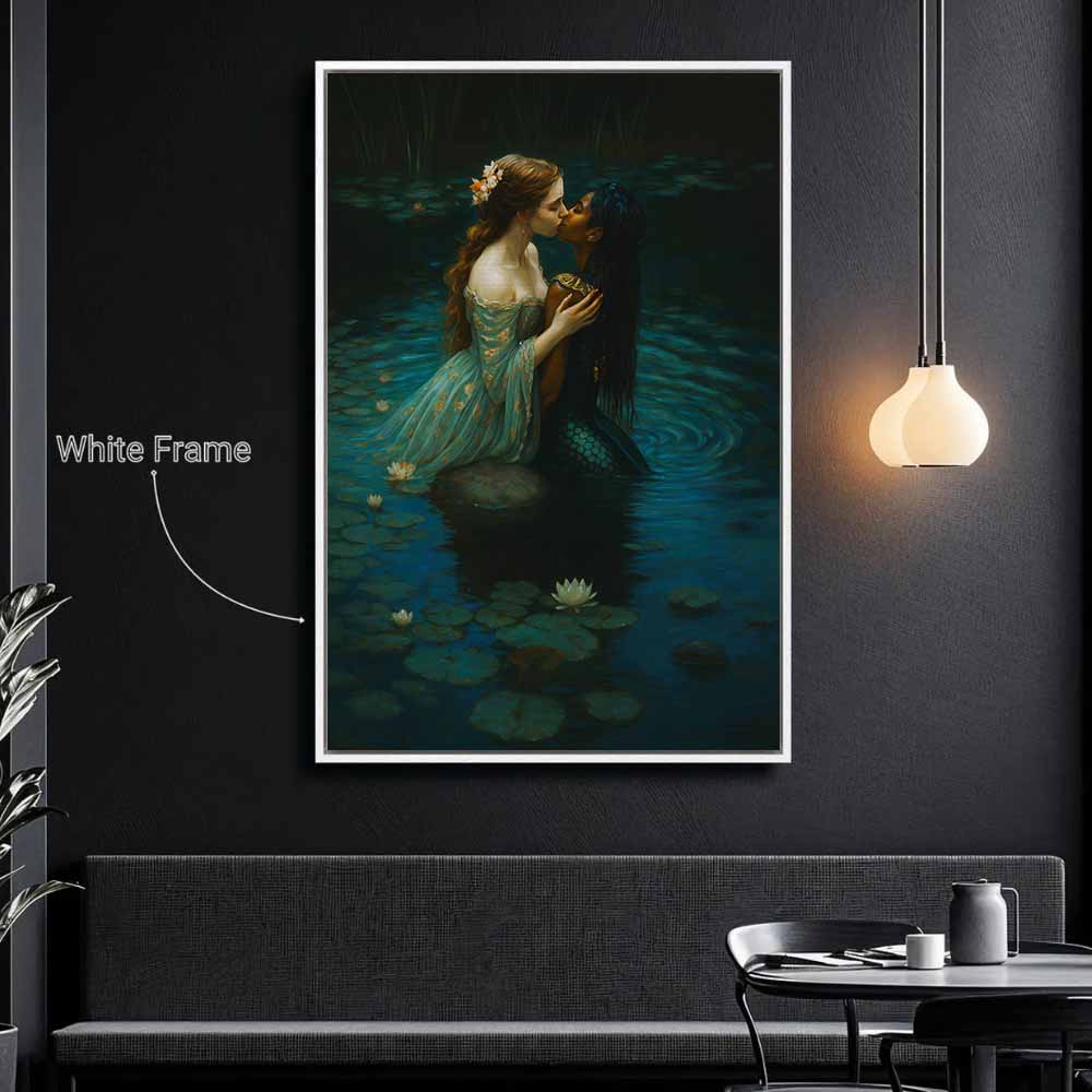 Romantic Mermaid And Princess Kiss Framed Canvas Wall Art, Wall Decor Halloween, Vintage Canvas