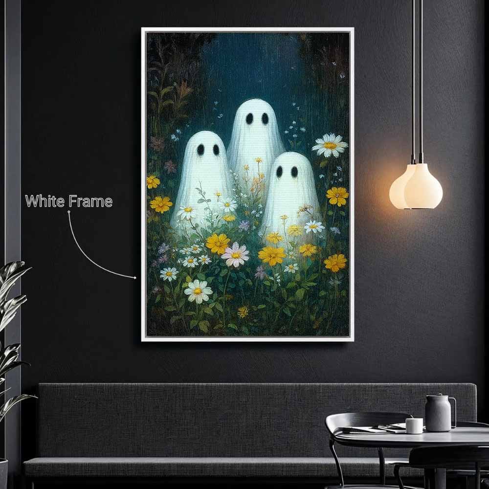 Three Cute Ghosts In Wildflower Field Framed Canvas Wall Art, Wall Decor Halloween, Vintage Canvas