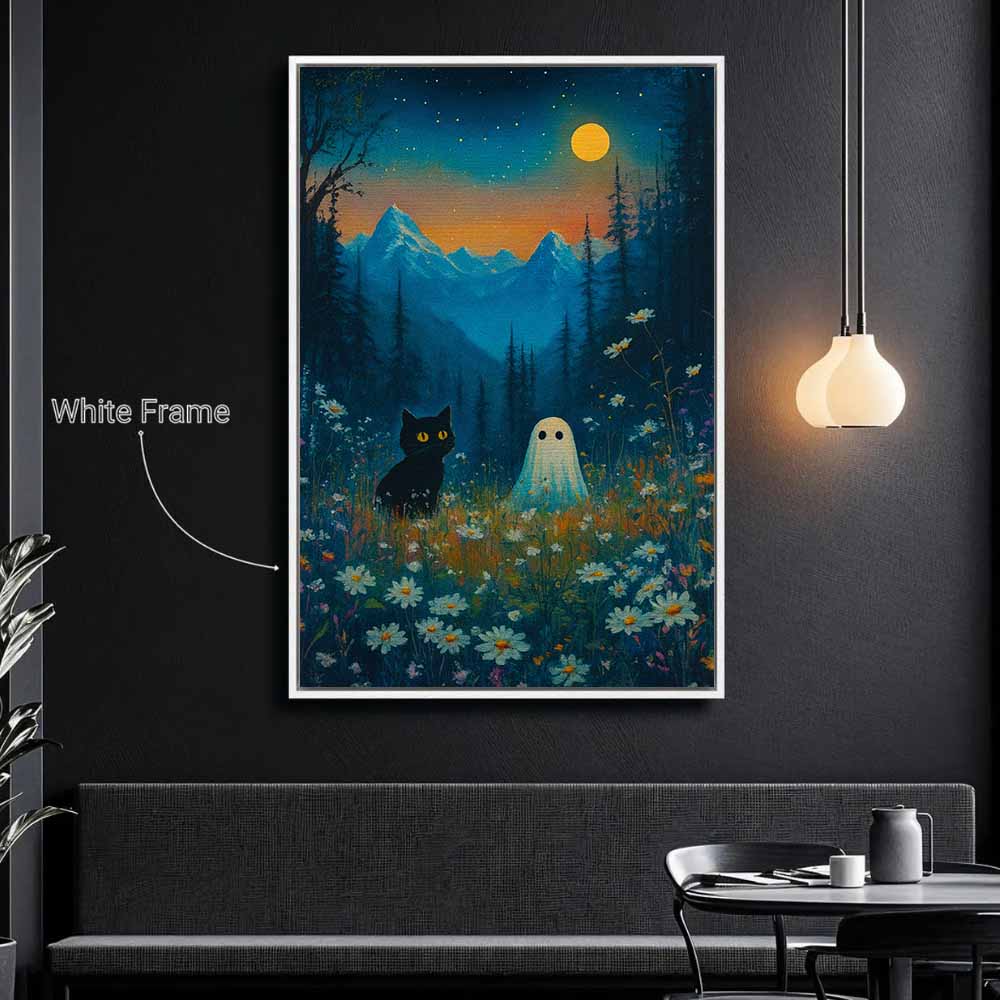 Vintage Ghost And Black Cat Framed Canvas Wall Art, Wall Decor Halloween, Vintage Canvas
