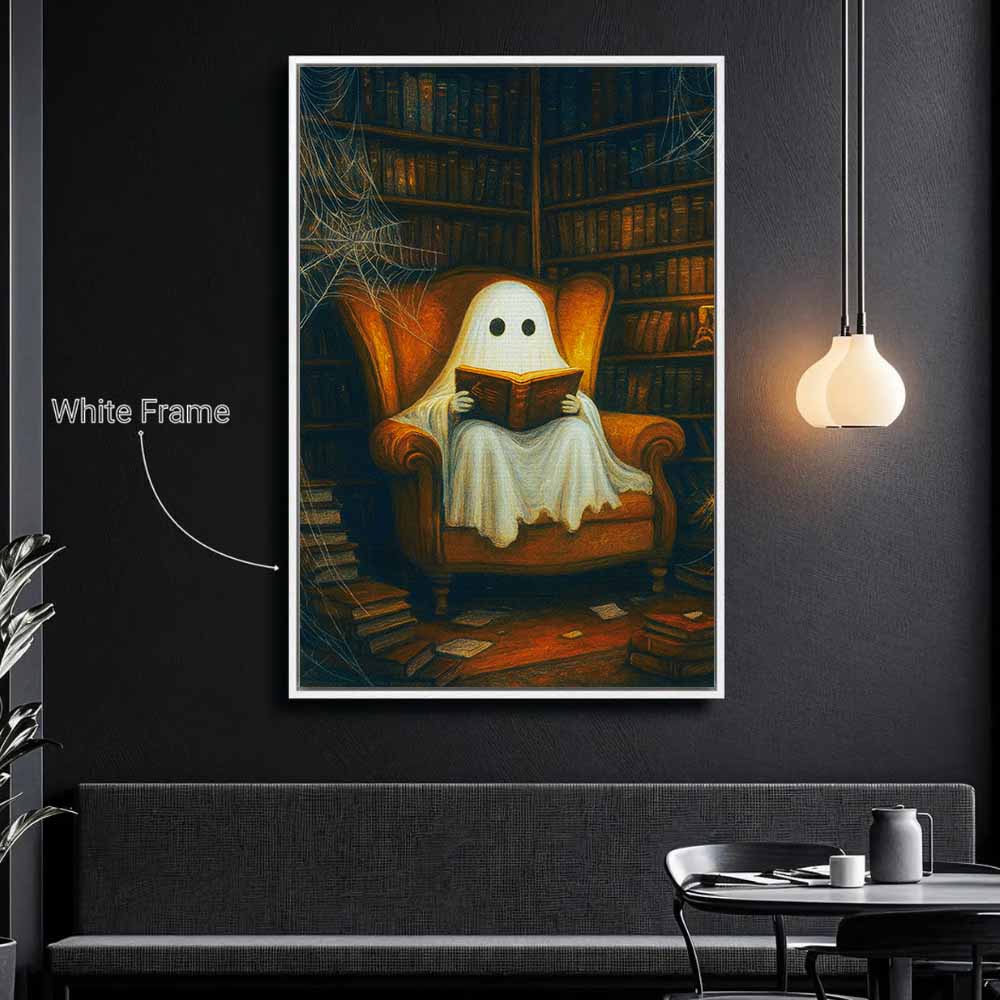 Vintage Ghost Reading Book Framed Canvas Wall Art, Wall Decor Halloween, Vintage Canvas