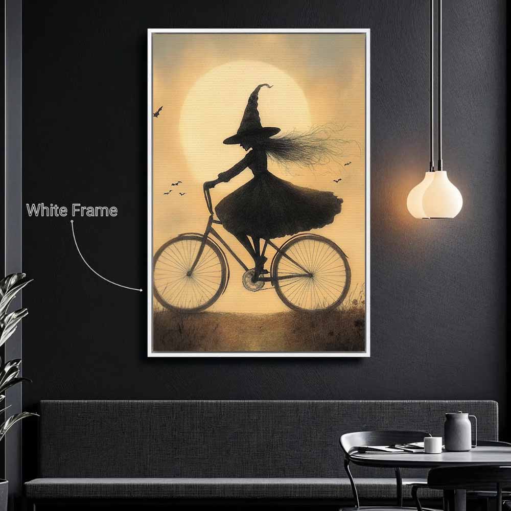 Witch On Bicycle Framed Canvas Wall Art, Wall Decor Halloween, Vintage Canvas
