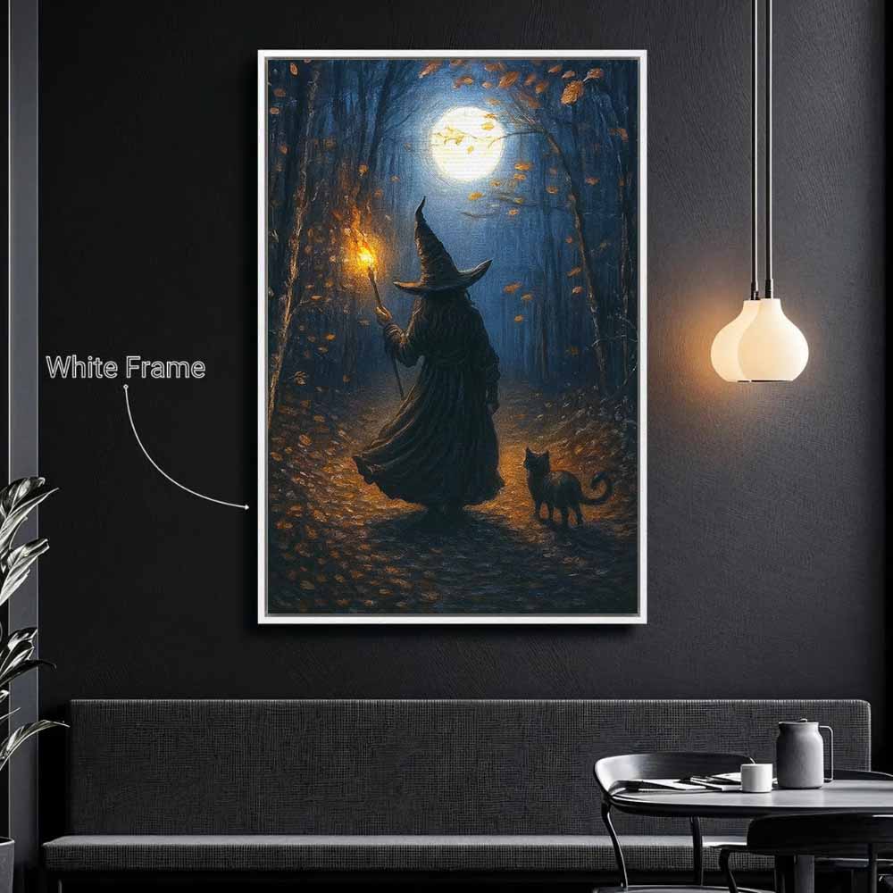 Witch Walking In Forest Framed Canvas Wall Art, Wall Decor Halloween, Vintage Canvas