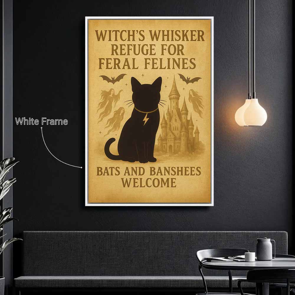 Witch's Whisker Refuge For Feral Felines Framed Canvas Wall Art, Wall Decor Halloween, Vintage Canvas