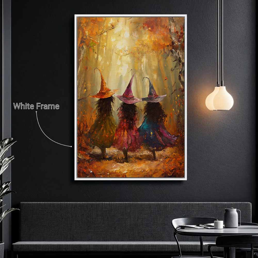 Young Witches In Forest Framed Canvas Wall Art, Wall Decor Halloween, Vintage Canvas