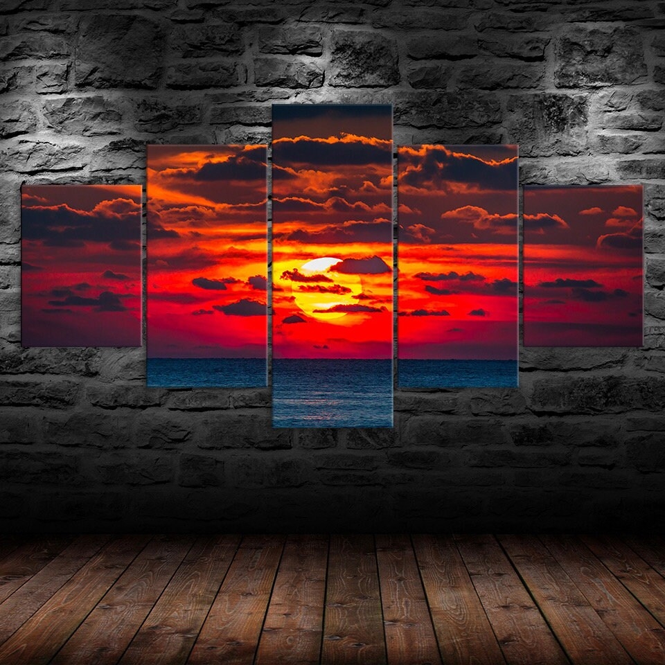 Ocean Sunset Red Sky Canvas Canvas Wall Art, Framed 5 Panel Canvas Wall Art