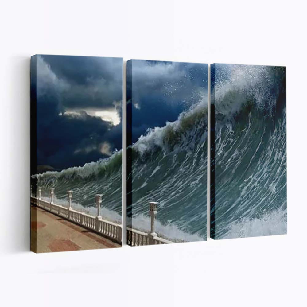 Apocalyptic Dramatic Background - Giant Tsunami Waves Dark Stormy Sky Canvas Wall Art, Home Decor, Framed Canvas