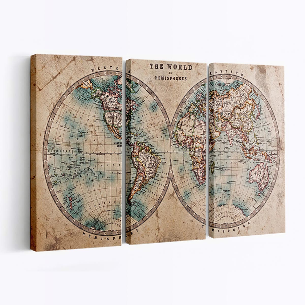 Hemispheres Map Canvas Wall Art, Multi-Panel Canvas, Vintage Canvas