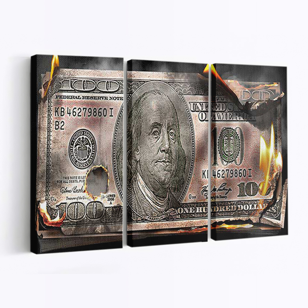 Burning 100 Dollar Bill Canvas Wall Art, Quote Canvas, Motivational Wall Art