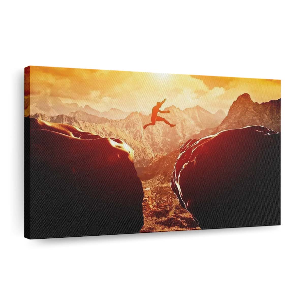 Man Jumping Over Precipice Between Two Rocky Mountains Canvas Wall Art, Bedroom Wall Art, Framed Canvas