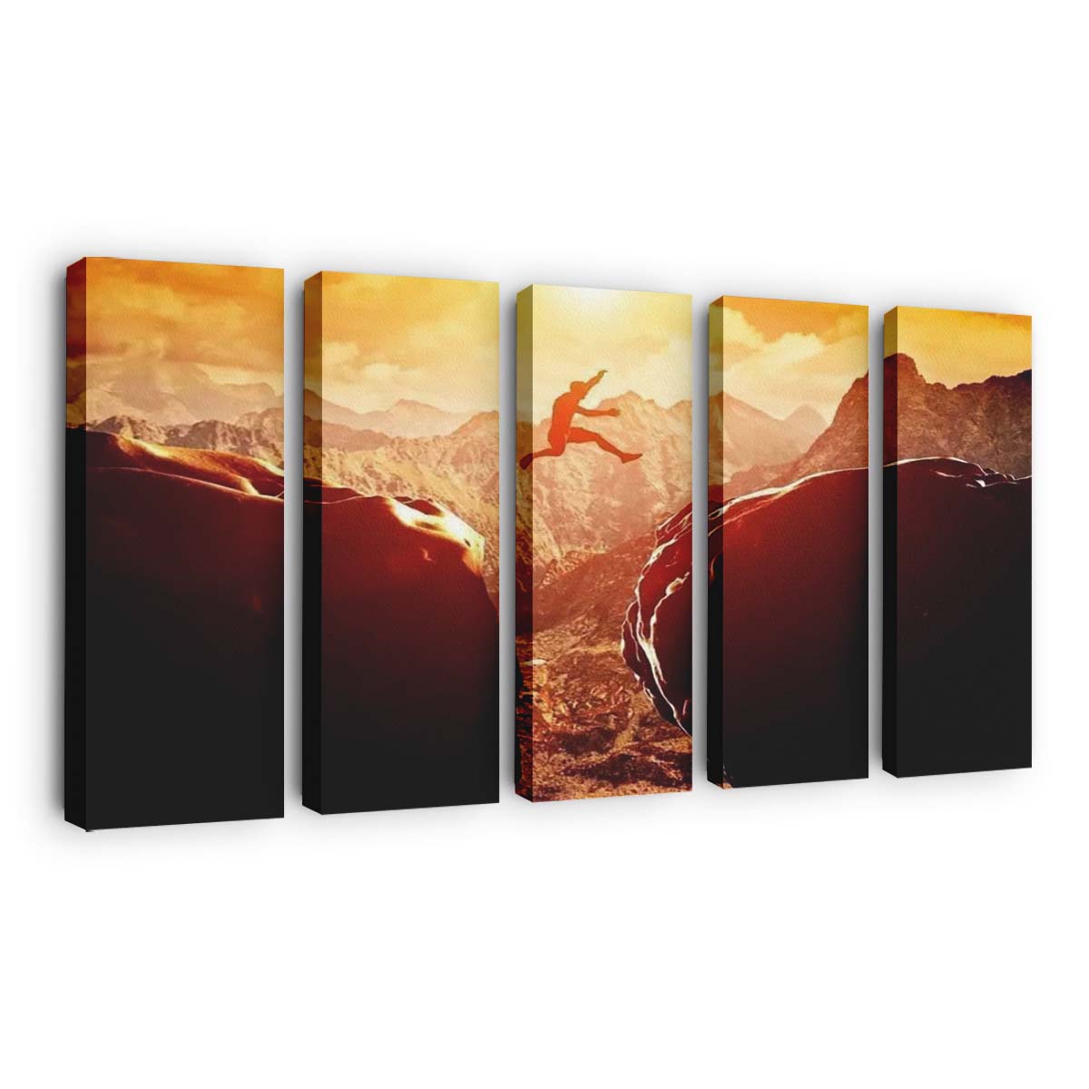 Man Jumping Over Precipice Between Two Rocky Mountains Canvas Wall Art, Bedroom Wall Art, Framed Canvas